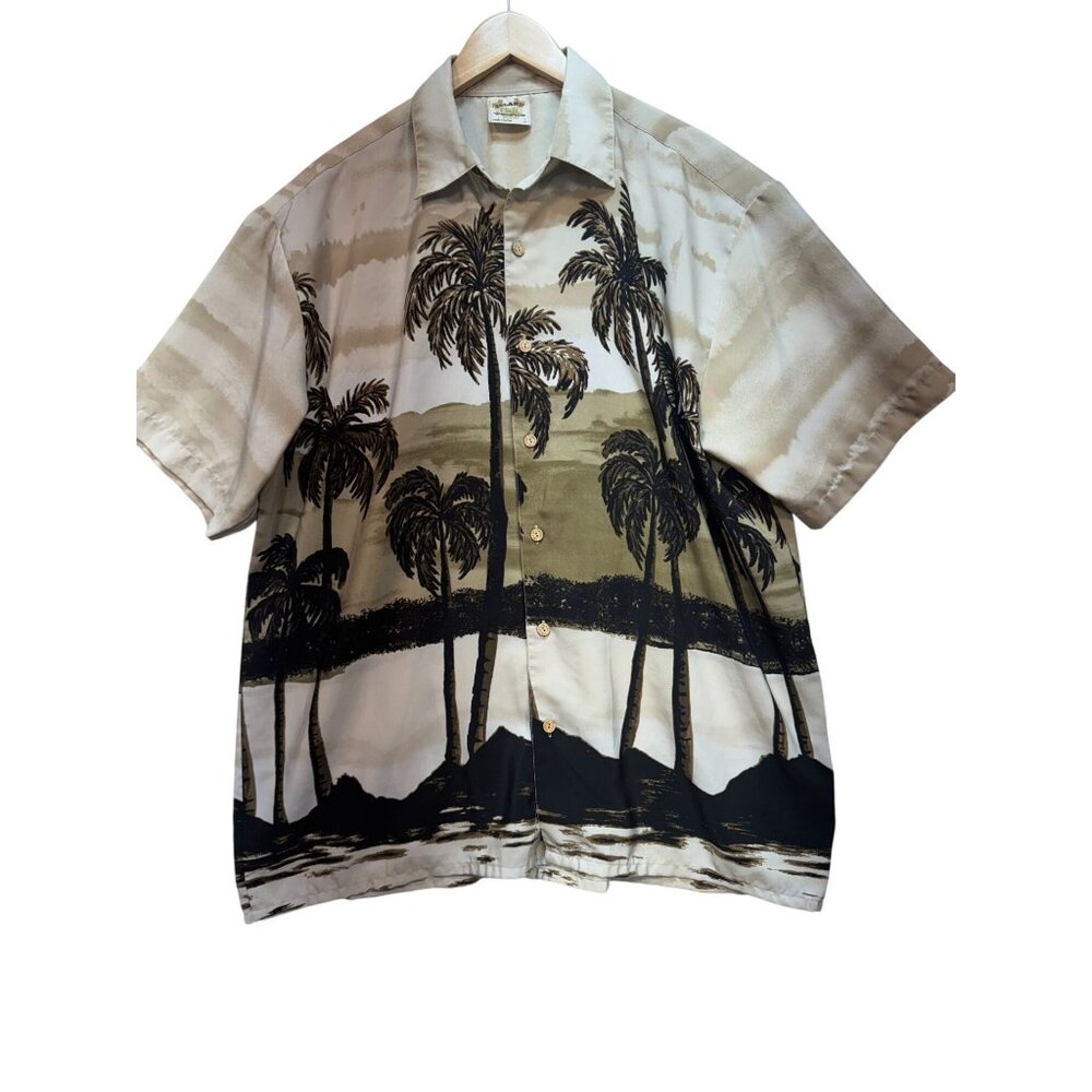 Island Tropics Hawaiian Shirt Mens Large Beige Black Button Up Shirt Sleeve Y2K